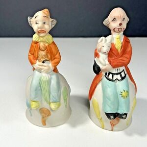 2 VINTAGE CLOWN CERAMIC BELLS SAD UNGLAZED Holding Puppy Holding Umbrella